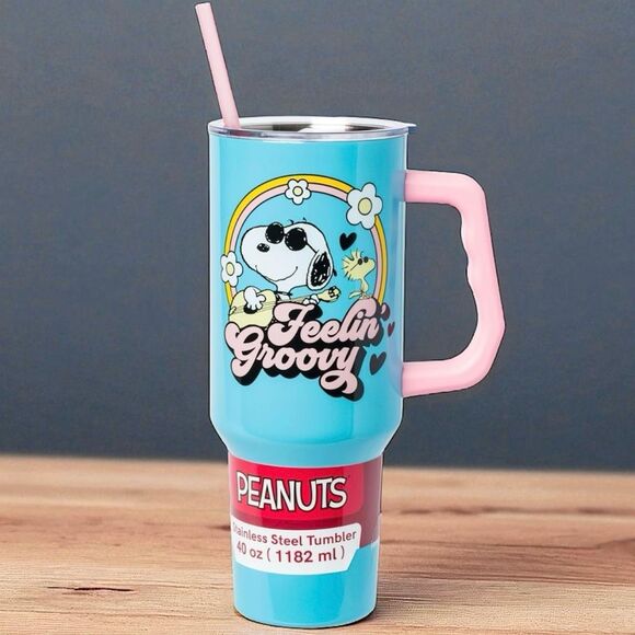 NWT Snoopy & Woodstock Feelin Groovy Stainless Steel Tumbler with Handle & Straw - Picture 1 of 11